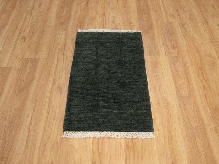 1'11" x 2'9" New Hand Loomed Green Wool Rectangle Oriental Rug - MOA10291780