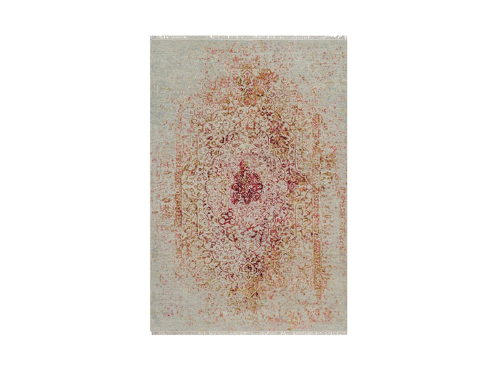 6'1" x 9'1" New Hand Knotted Pink Wool & Silk Rectangle Oriental Rug - MOA10291783