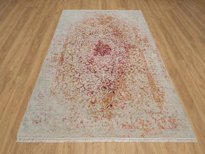 6'1" x 9'1" New Hand Knotted Pink Wool & Silk Rectangle Oriental Rug - MOA10291783