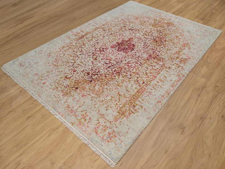 6'1" x 9'1" New Hand Knotted Pink Wool & Silk Rectangle Oriental Rug - MOA10291783