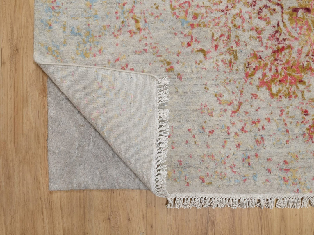 6'1" x 9'1" New Hand Knotted Pink Wool & Silk Rectangle Oriental Rug - MOA10291783