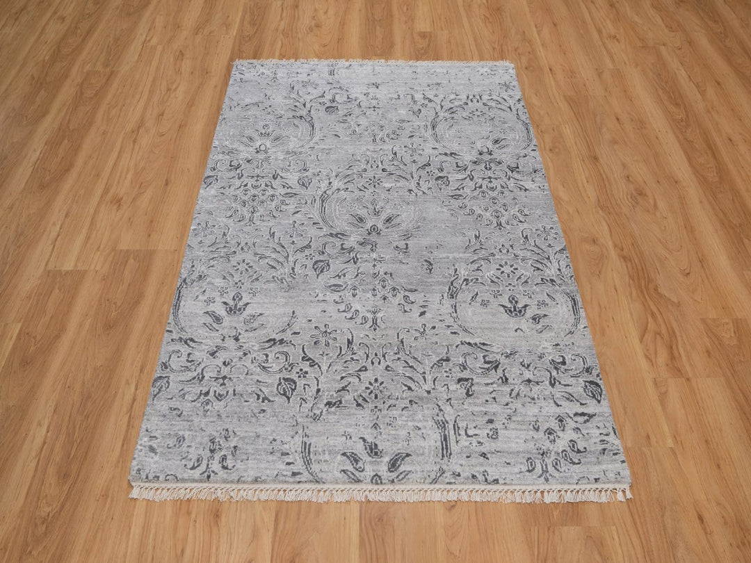 4'0" x 5'10" New Hand Knotted Grey Wool & Silk Rectangle Oriental Rug - MOA10291799