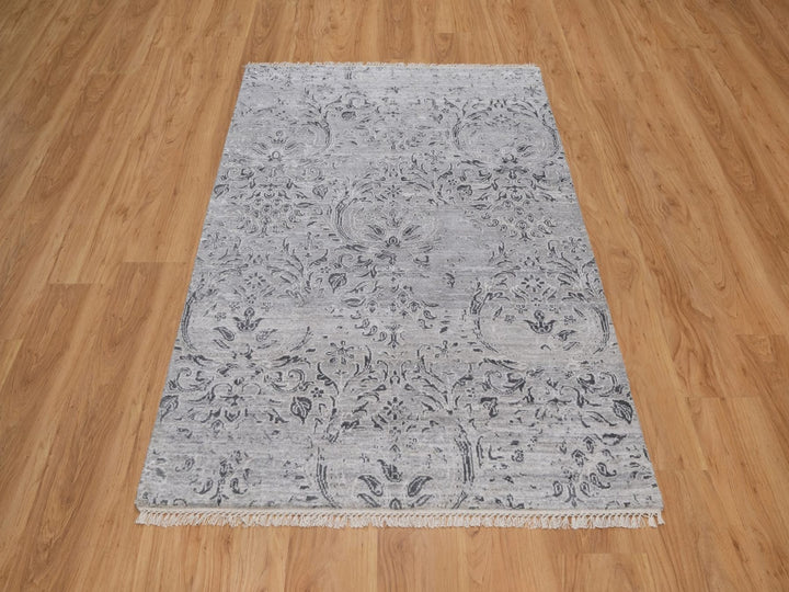 4'0" x 5'10" New Hand Knotted Grey Wool & Silk Rectangle Oriental Rug - MOA10291799