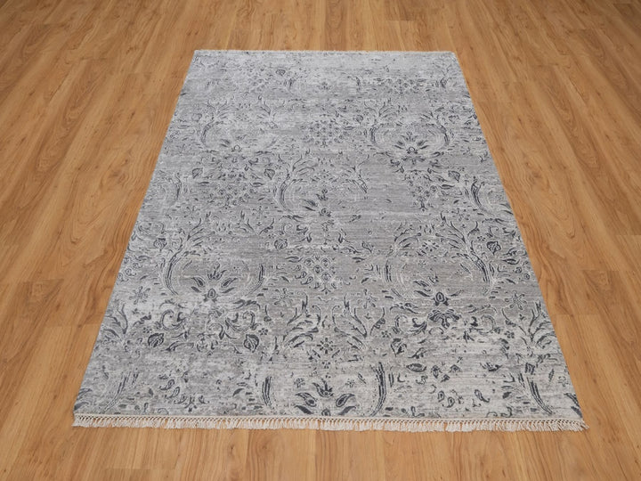 5'0" x 6'11" New Hand Knotted Grey Wool & Silk Rectangle Oriental Rug - MOA10291800