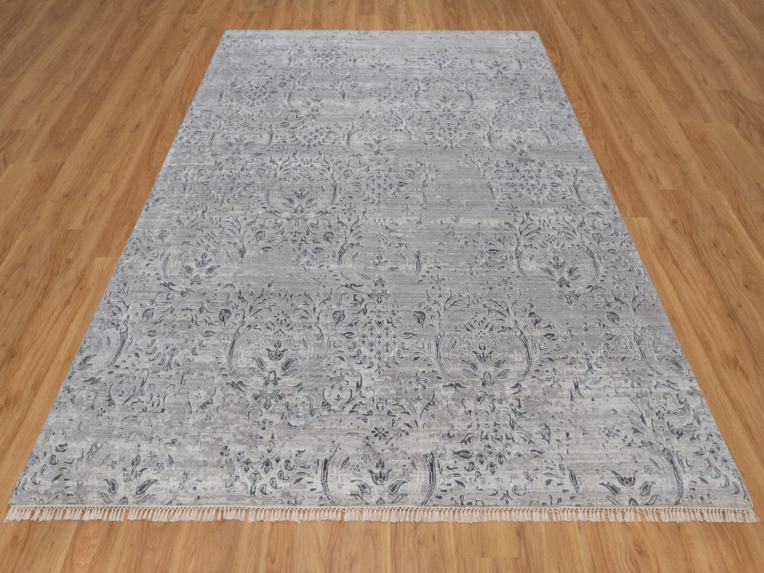 7'10" x 10'0" New Hand Knotted Grey Wool & Silk Rectangle Oriental Rug - MOA10291801