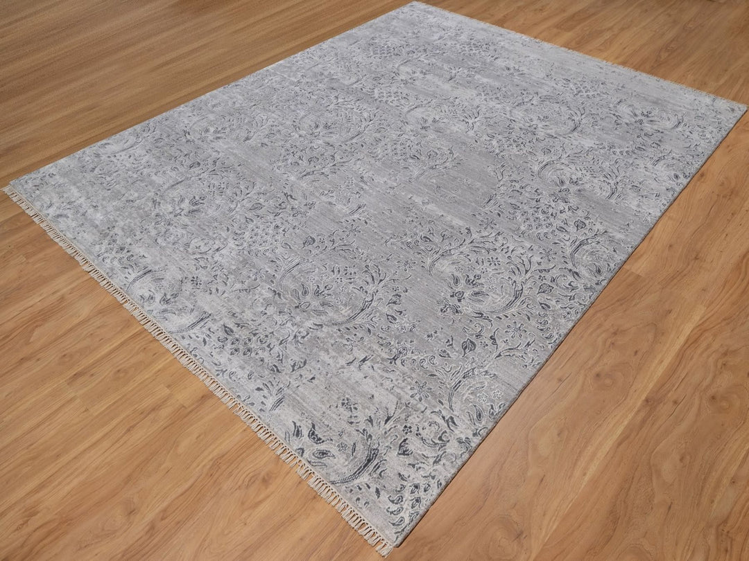 7'10" x 10'0" New Hand Knotted Grey Wool & Silk Rectangle Oriental Rug - MOA10291801
