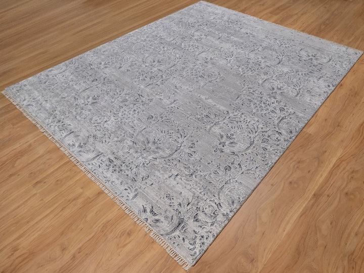 7'10" x 10'0" New Hand Knotted Grey Wool & Silk Rectangle Oriental Rug - MOA10291801