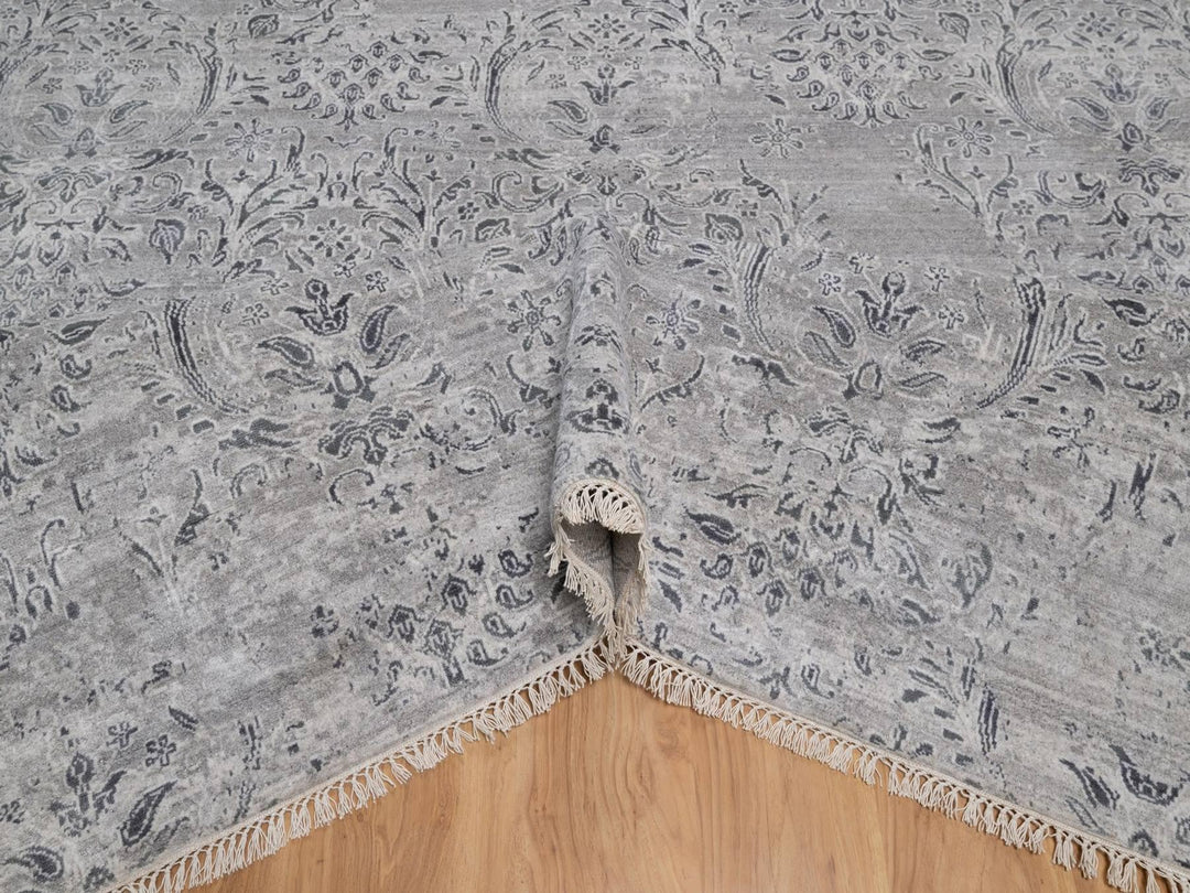 7'10" x 10'0" New Hand Knotted Grey Wool & Silk Rectangle Oriental Rug - MOA10291801