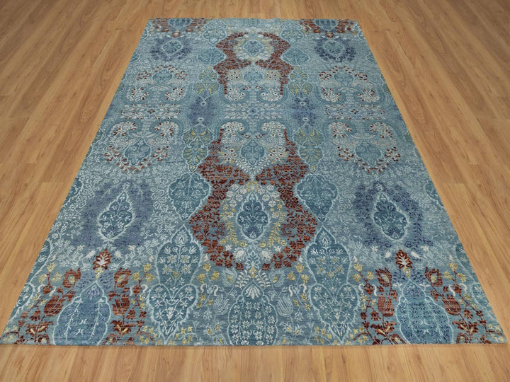 8'1" x 10'1" New Hand Knotted Blue Wool & Silk Rectangle Oriental Rug - MOA10291804