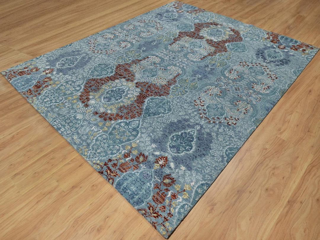 8'1" x 10'1" New Hand Knotted Blue Wool & Silk Rectangle Oriental Rug - MOA10291804