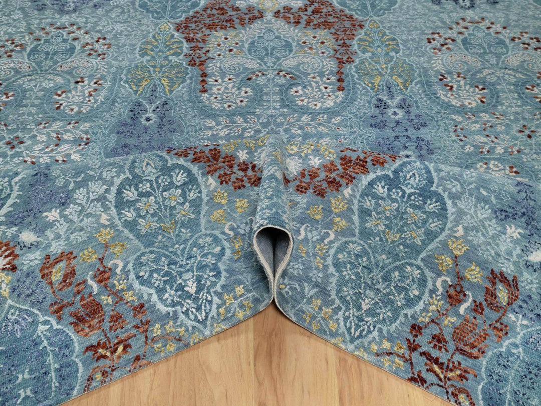 8'1" x 10'1" New Hand Knotted Blue Wool & Silk Rectangle Oriental Rug - MOA10291804