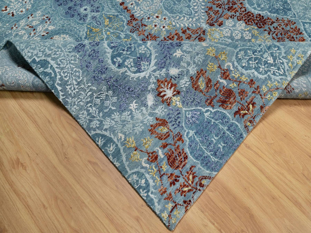 8'1" x 10'1" New Hand Knotted Blue Wool & Silk Rectangle Oriental Rug - MOA10291804