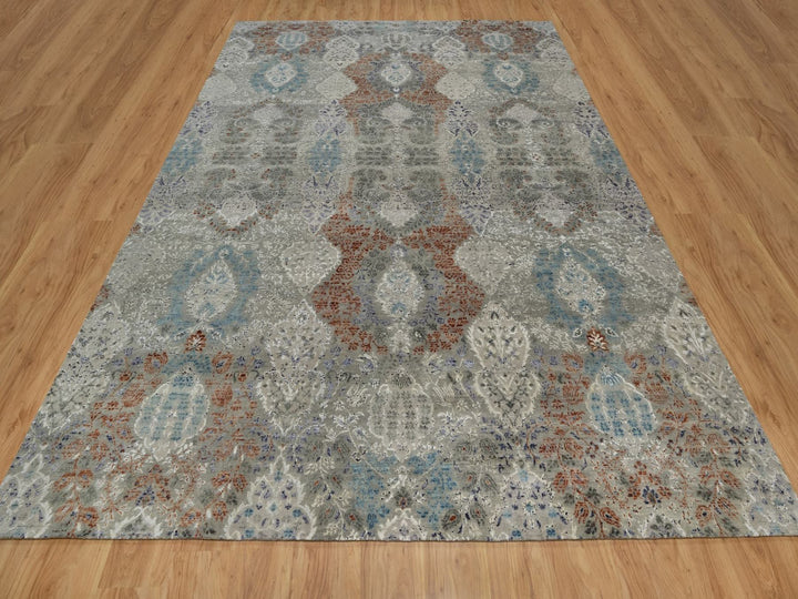 8'9" x 11'8" New Hand Knotted Grey Wool & Silk Rectangle Oriental Rug - MOA10291823
