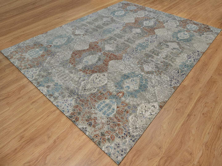 8'9" x 11'8" New Hand Knotted Grey Wool & Silk Rectangle Oriental Rug - MOA10291823