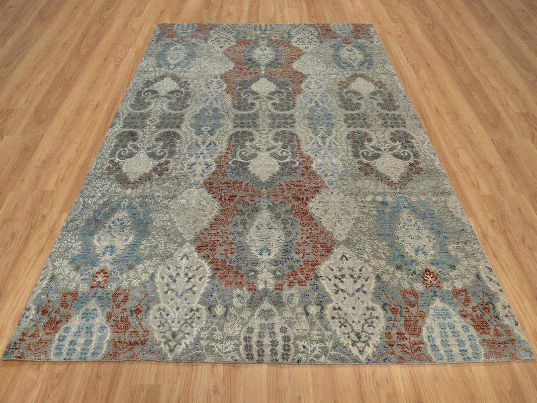 7'11" x 10'2" New Hand Knotted Grey Wool & Silk Rectangle Oriental Rug - MOA10291848