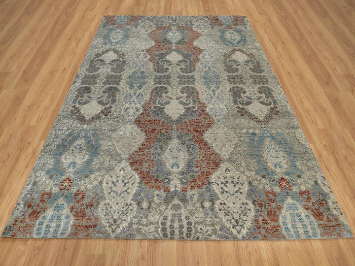 7'11" x 10'2" New Hand Knotted Grey Wool & Silk Rectangle Oriental Rug - MOA10291848