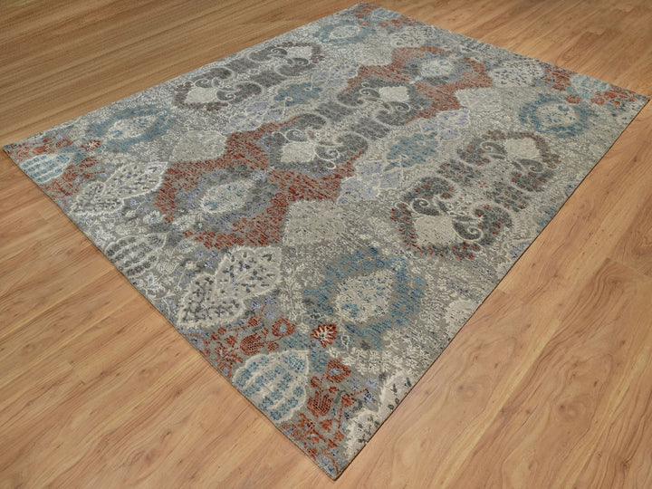 7'11" x 10'2" New Hand Knotted Grey Wool & Silk Rectangle Oriental Rug - MOA10291848