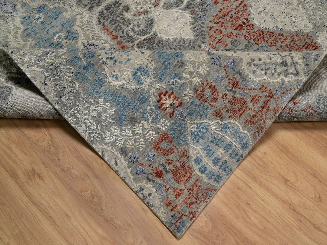7'11" x 10'2" New Hand Knotted Grey Wool & Silk Rectangle Oriental Rug - MOA10291848