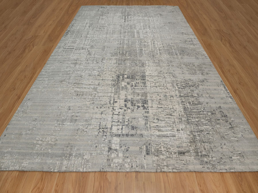 9'11" x 14'1" New Hand Knotted Grey Wool Rectangle Oriental Rug - MOA10291861