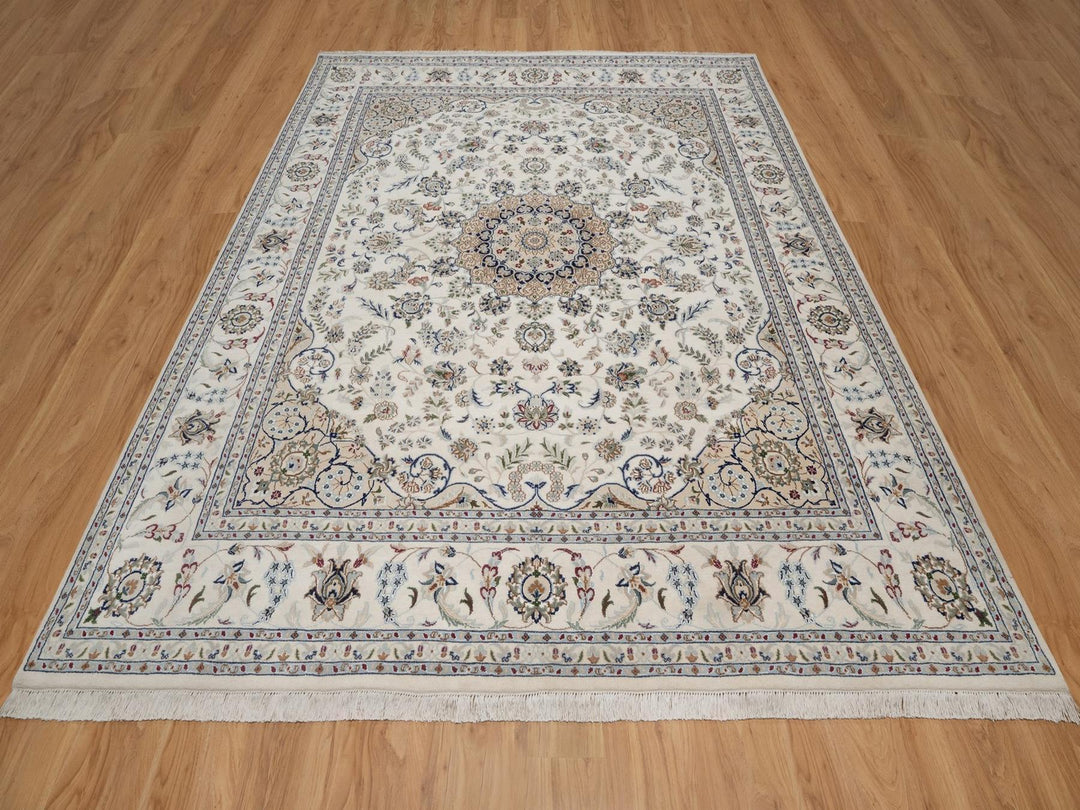 8'0" x 10'0" New Hand Knotted Ivory Wool & Silk Rectangle Oriental Rug - MOA10291875