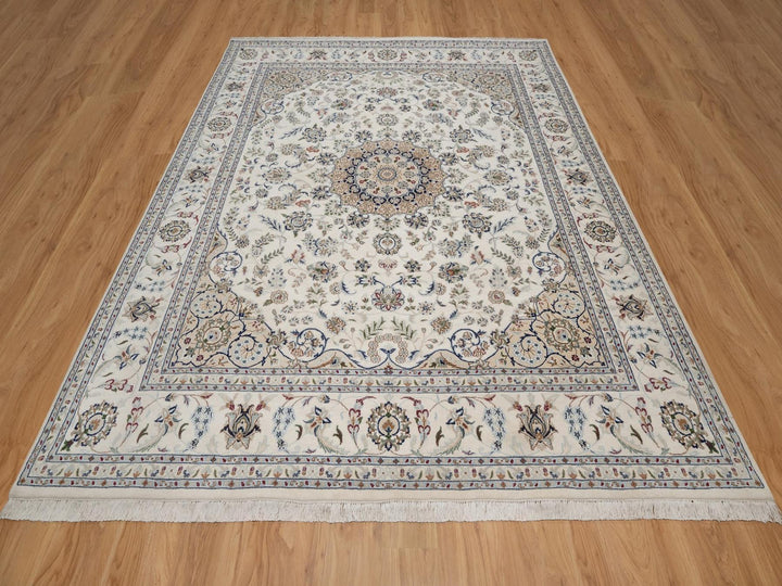 8'0" x 10'0" New Hand Knotted Ivory Wool & Silk Rectangle Oriental Rug - MOA10291875