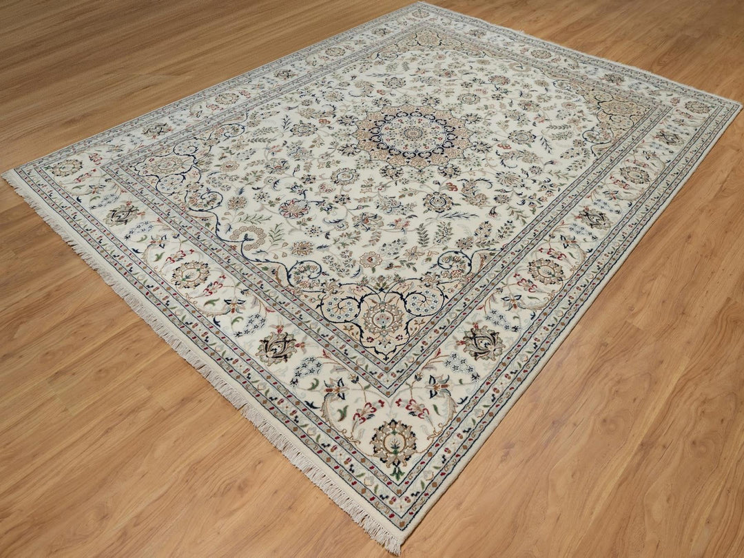 8'0" x 10'6" New Hand Knotted Ivory Wool & Silk Rectangle Oriental Rug - MOA10291878