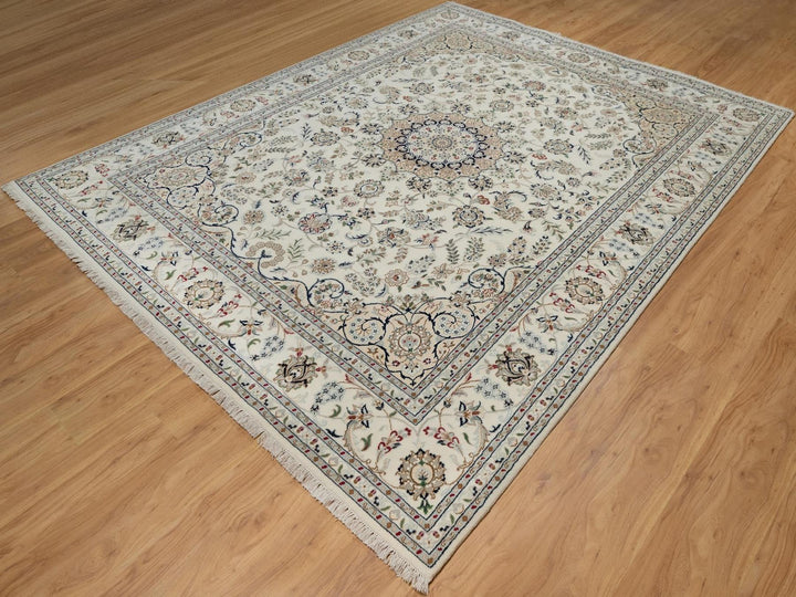 8'0" x 10'6" New Hand Knotted Ivory Wool & Silk Rectangle Oriental Rug - MOA10291878