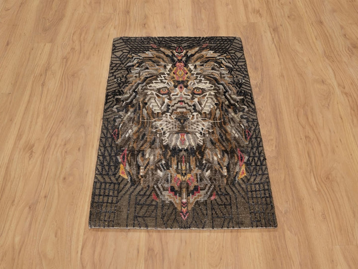 2'0" x 3'0" New Hand Knotted Brown Wool & Silk Rectangle Oriental Rug - MOA10291882