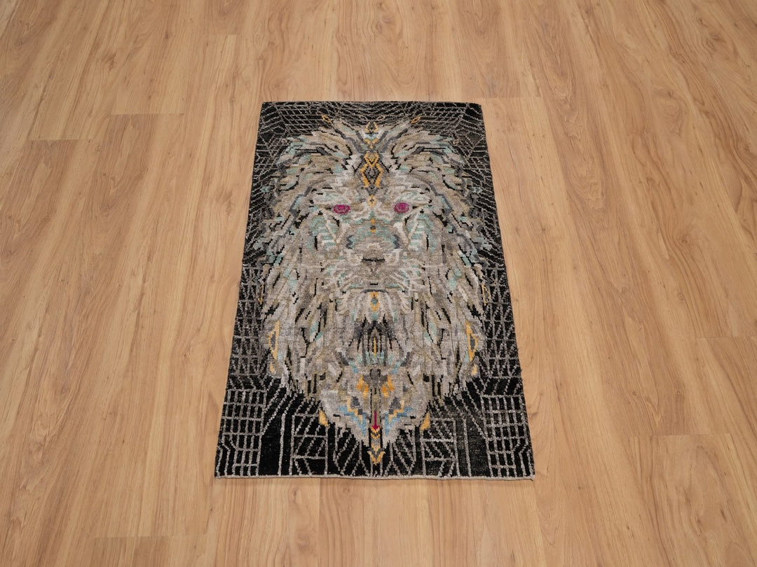 1'11" x 3'0" New Hand Knotted Black Wool & Silk Rectangle Oriental Rug - MOA10291883