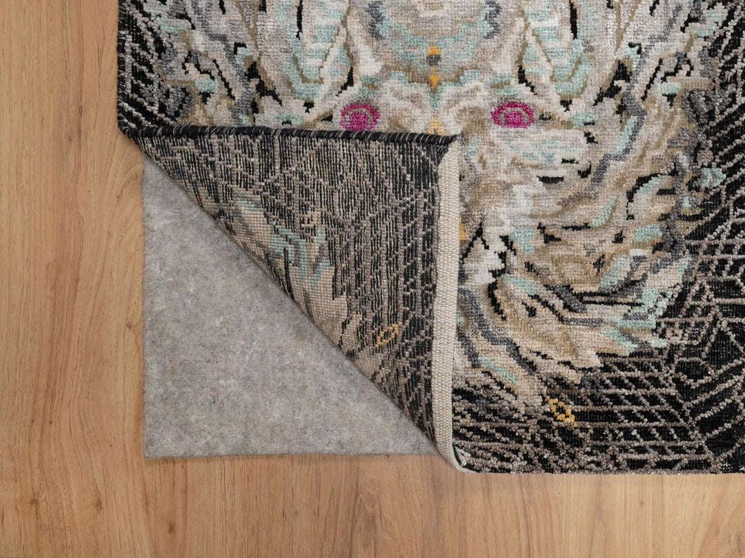 1'11" x 3'0" New Hand Knotted Black Wool & Silk Rectangle Oriental Rug - MOA10291883