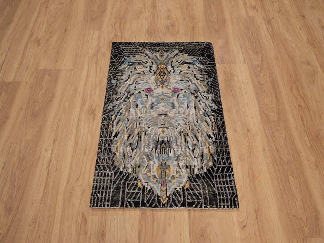 1'11" x 3'0" New Hand Knotted Black Wool & Silk Rectangle Oriental Rug - MOA10291884