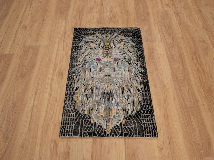 1'11" x 3'0" New Hand Knotted Black Wool & Silk Rectangle Oriental Rug - MOA10291884