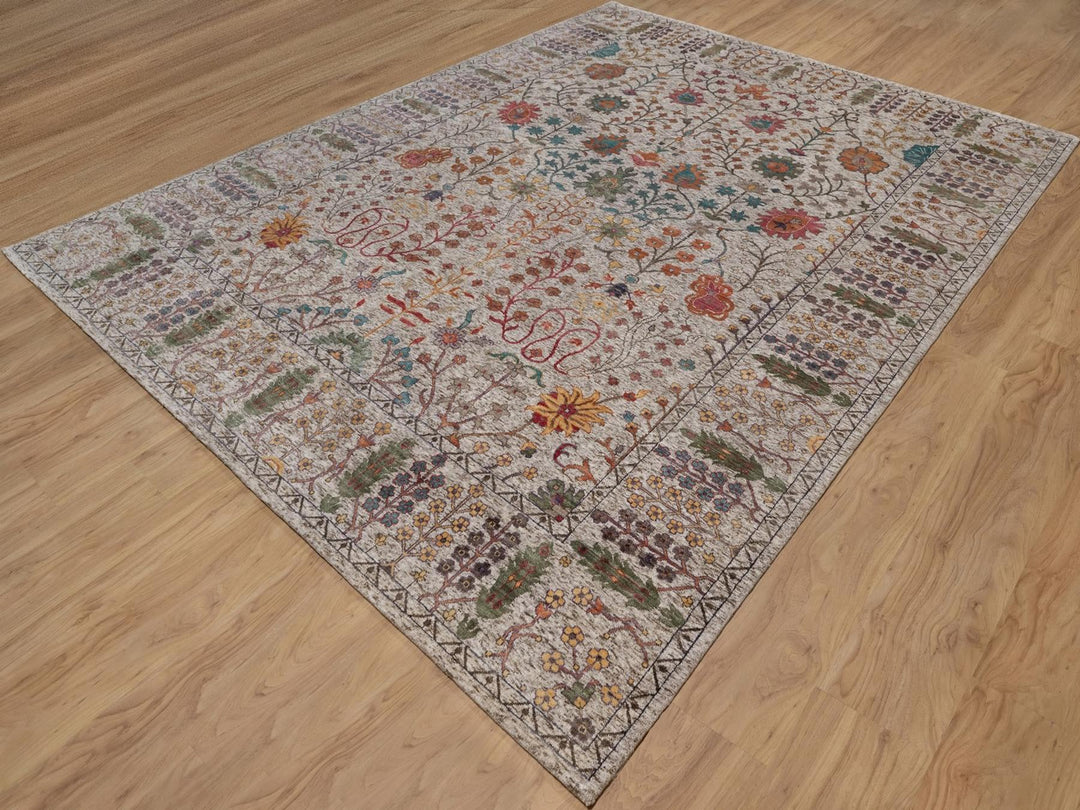 9'0" x 12'0" New Hand Knotted Ivory Wool & Silk Rectangle Oriental Rug - MOA10291888