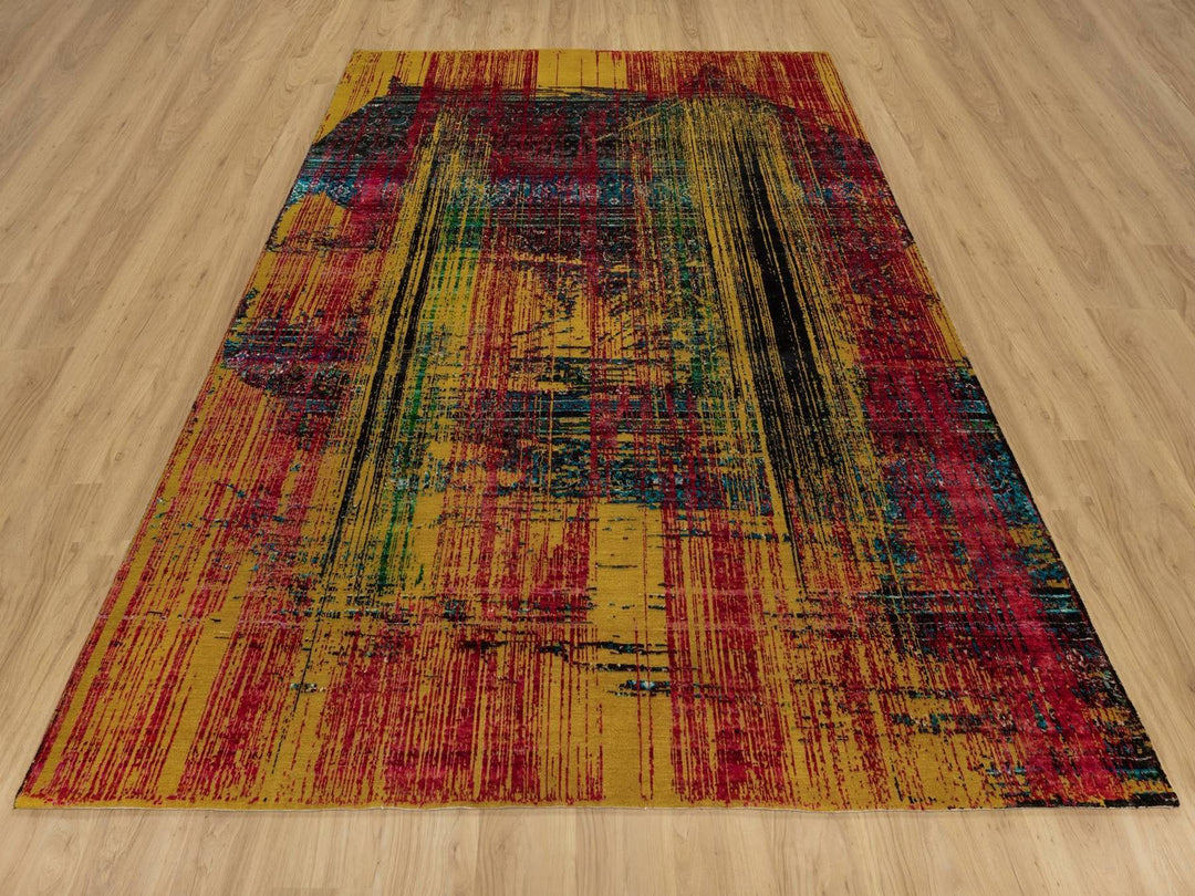 7'10" x 10'0" New Hand Knotted Yellow Wool & Silk Rectangle Oriental Rug - MOA10291889