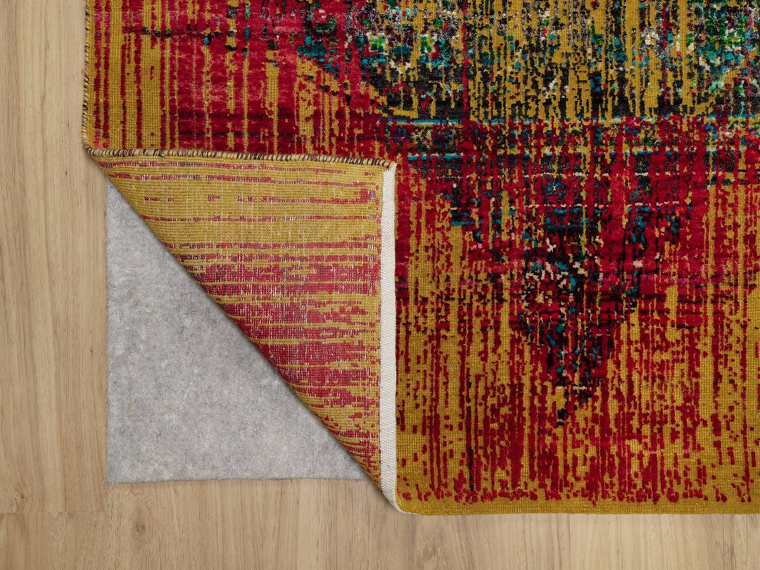 7'10" x 10'0" New Hand Knotted Yellow Wool & Silk Rectangle Oriental Rug - MOA10291889