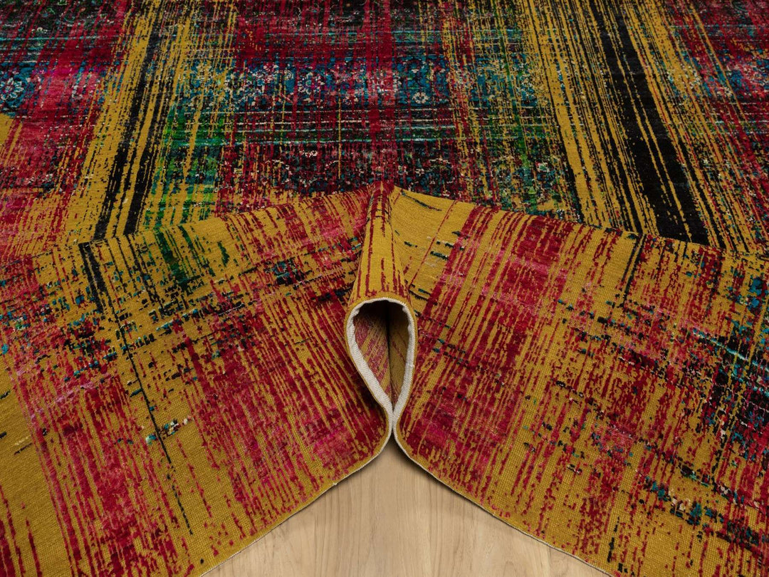 7'10" x 10'0" New Hand Knotted Yellow Wool & Silk Rectangle Oriental Rug - MOA10291889