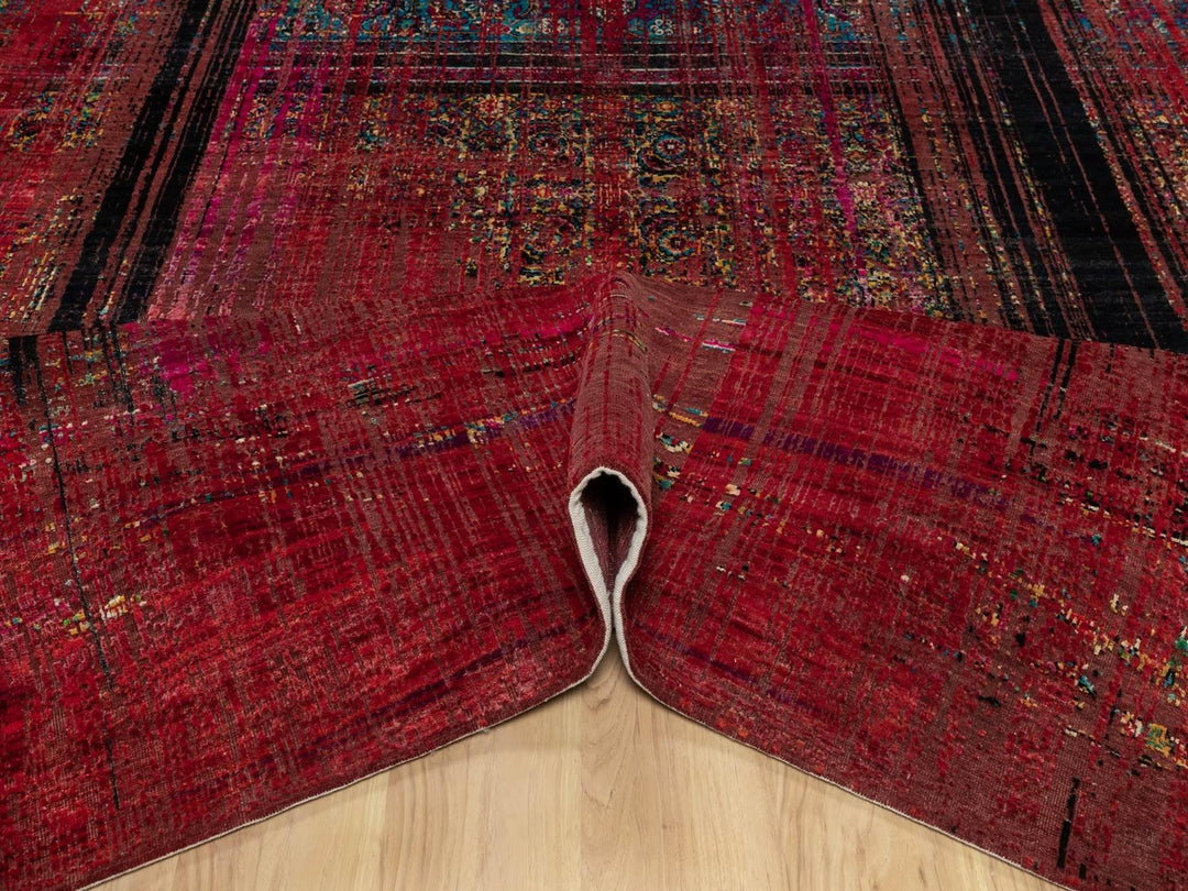 8'8" x 11'11" New Hand Knotted Red Wool & Silk Rectangle Oriental Rug - MOA10291893