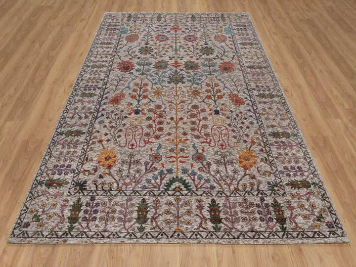 6'2" x 9'2" New Hand Knotted Ivory Wool & Silk Rectangle Oriental Rug - MOA10291896