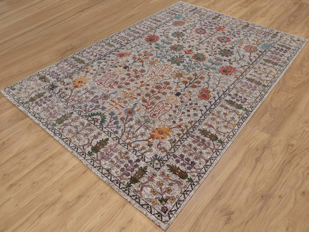 6'2" x 9'2" New Hand Knotted Ivory Wool & Silk Rectangle Oriental Rug - MOA10291896