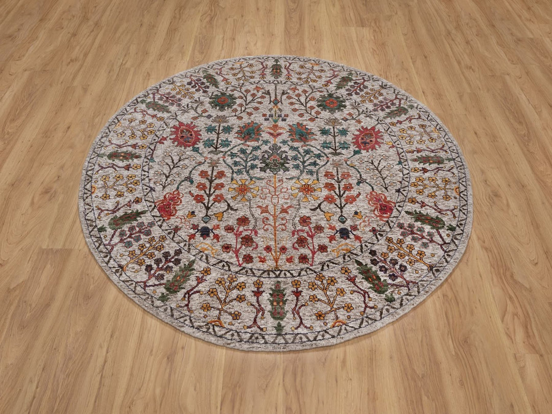 6'0" x 6'0" New Hand Knotted Ivory Wool & Silk Round Oriental Rug - MOA10291908