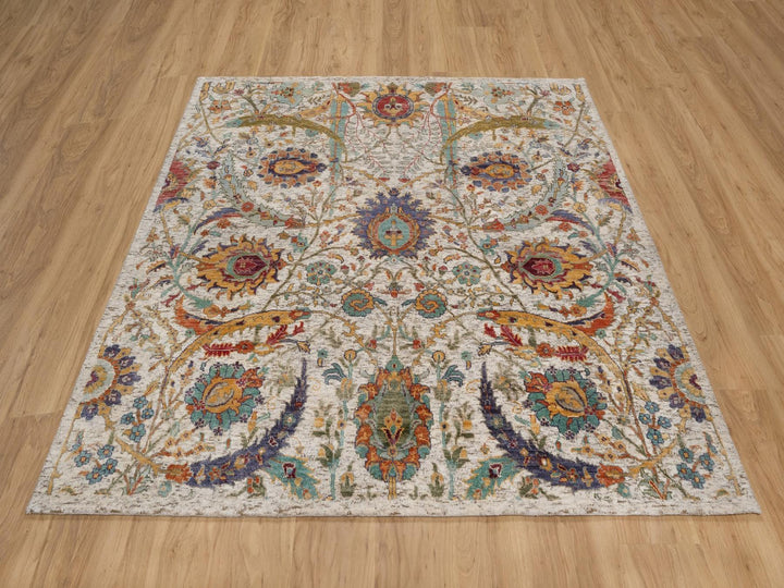6'0" x 6'0" New Hand Knotted Ivory Wool & Silk Round Oriental Rug - MOA10291909