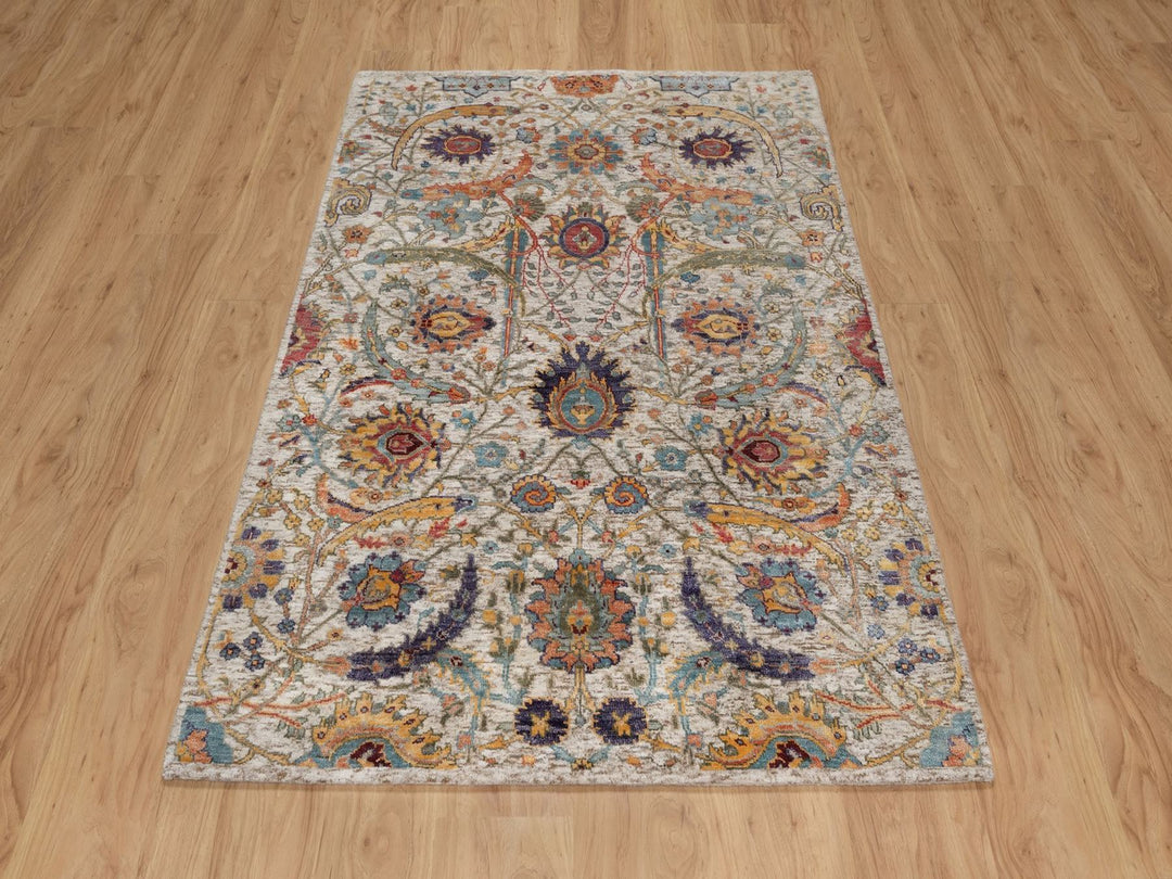 4'0" x 5'11" New Hand Knotted Ivory Wool & Silk Rectangle Oriental Rug - MOA10291911