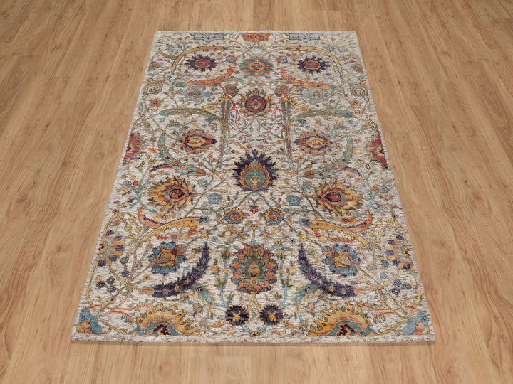 4'0" x 5'11" New Hand Knotted Ivory Wool & Silk Rectangle Oriental Rug - MOA10291911