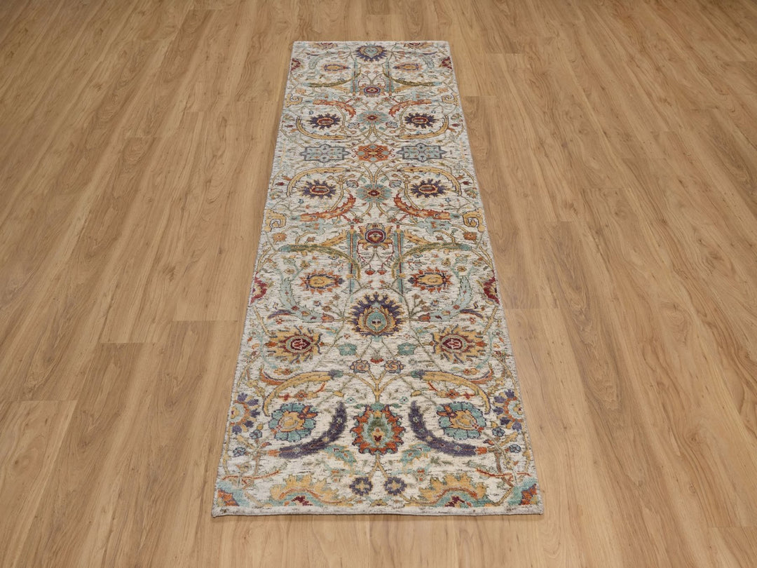 2'7" x 8'1" New Hand Knotted Ivory Wool & Silk Runner Oriental Rug - MOA10291916