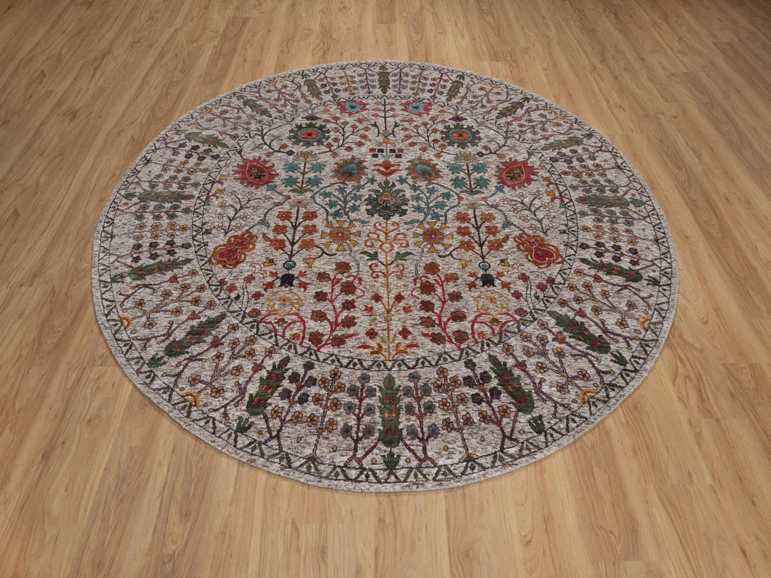 7'10" x 7'10" New Hand Knotted Ivory Wool & Silk Round Oriental Rug - MOA10291919