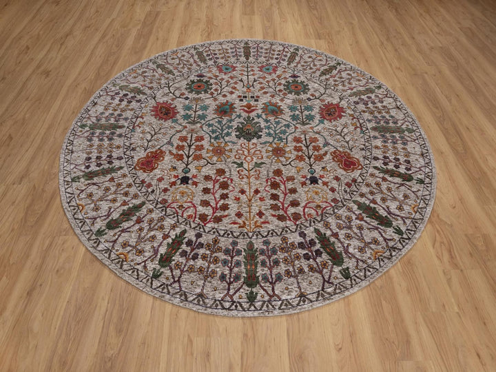 7'10" x 7'10" New Hand Knotted Ivory Wool & Silk Round Oriental Rug - MOA10291919