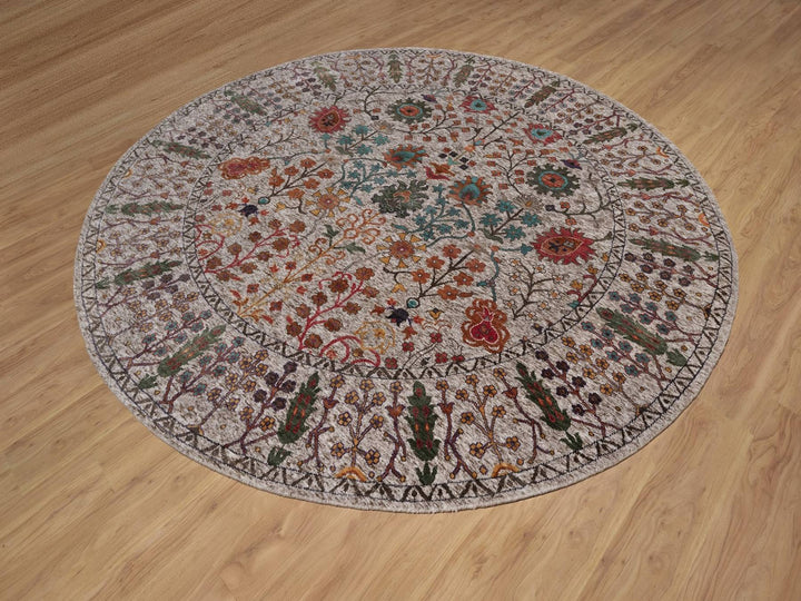 7'10" x 7'10" New Hand Knotted Ivory Wool & Silk Round Oriental Rug - MOA10291919