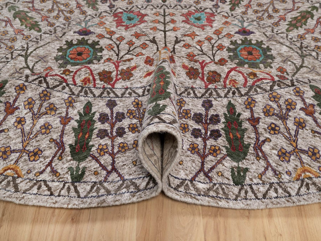 7'10" x 7'10" New Hand Knotted Ivory Wool & Silk Round Oriental Rug - MOA10291919