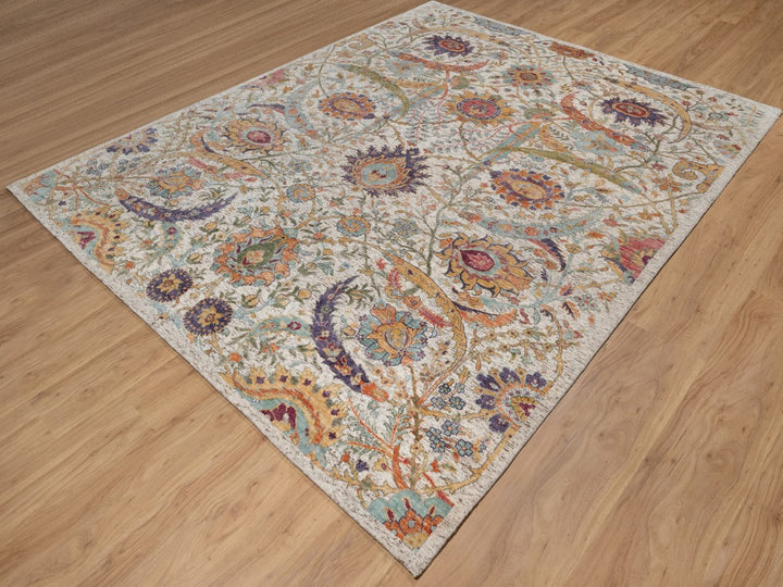 7'10" x 9'11" New Hand Knotted Ivory Wool & Silk Rectangle Oriental Rug - MOA10291922