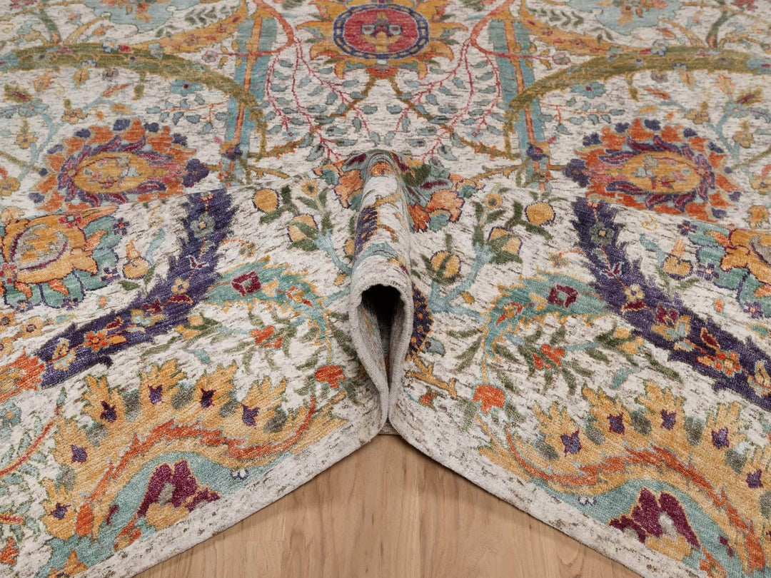 7'10" x 9'11" New Hand Knotted Ivory Wool & Silk Rectangle Oriental Rug - MOA10291922